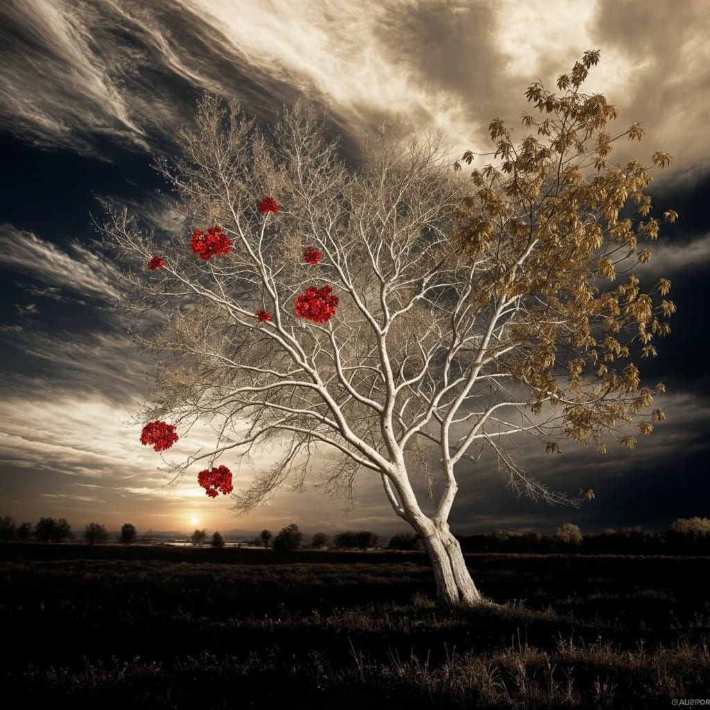 Golden Sun and White Tree in October Wind