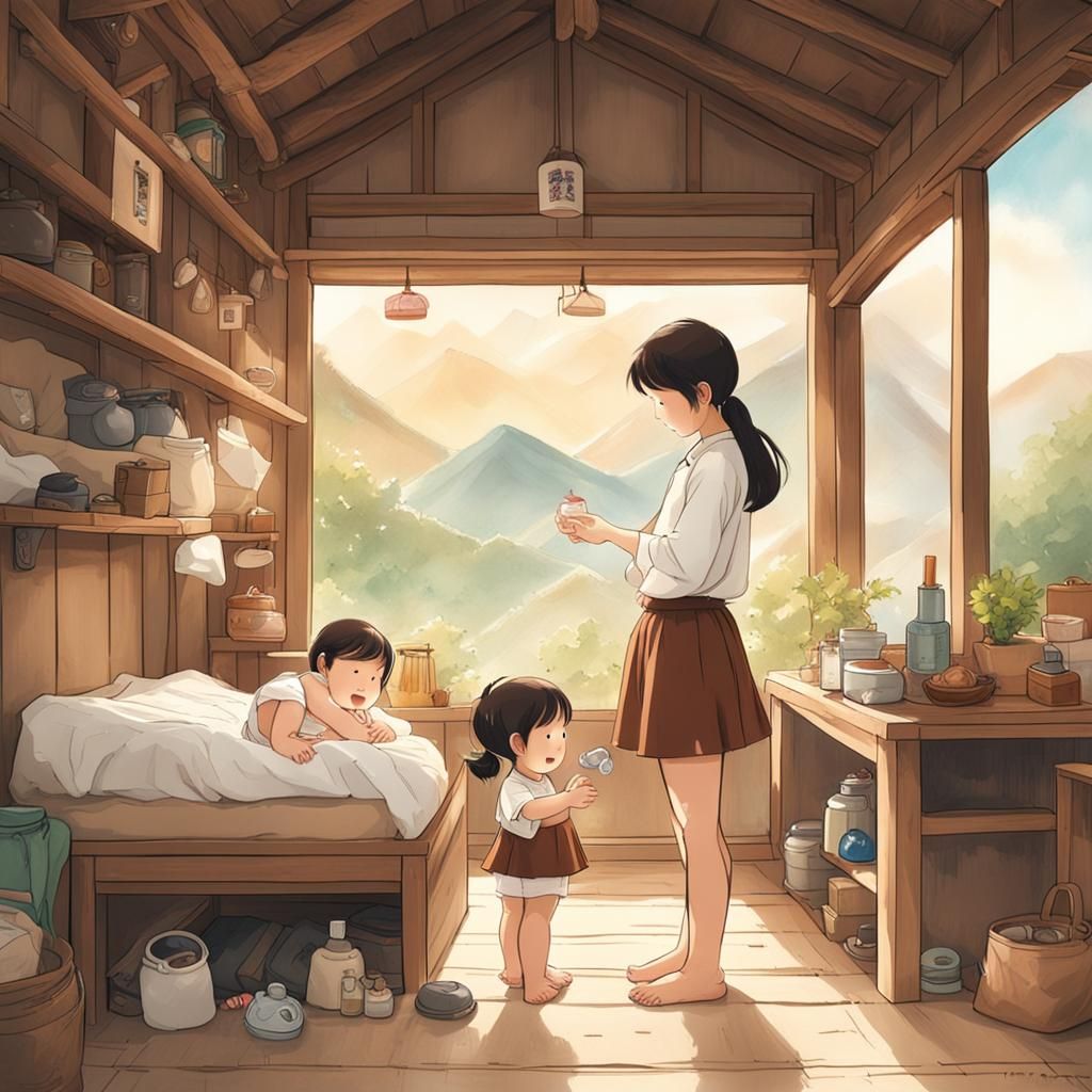 Korean Girl Cares for Baby in Mountain House