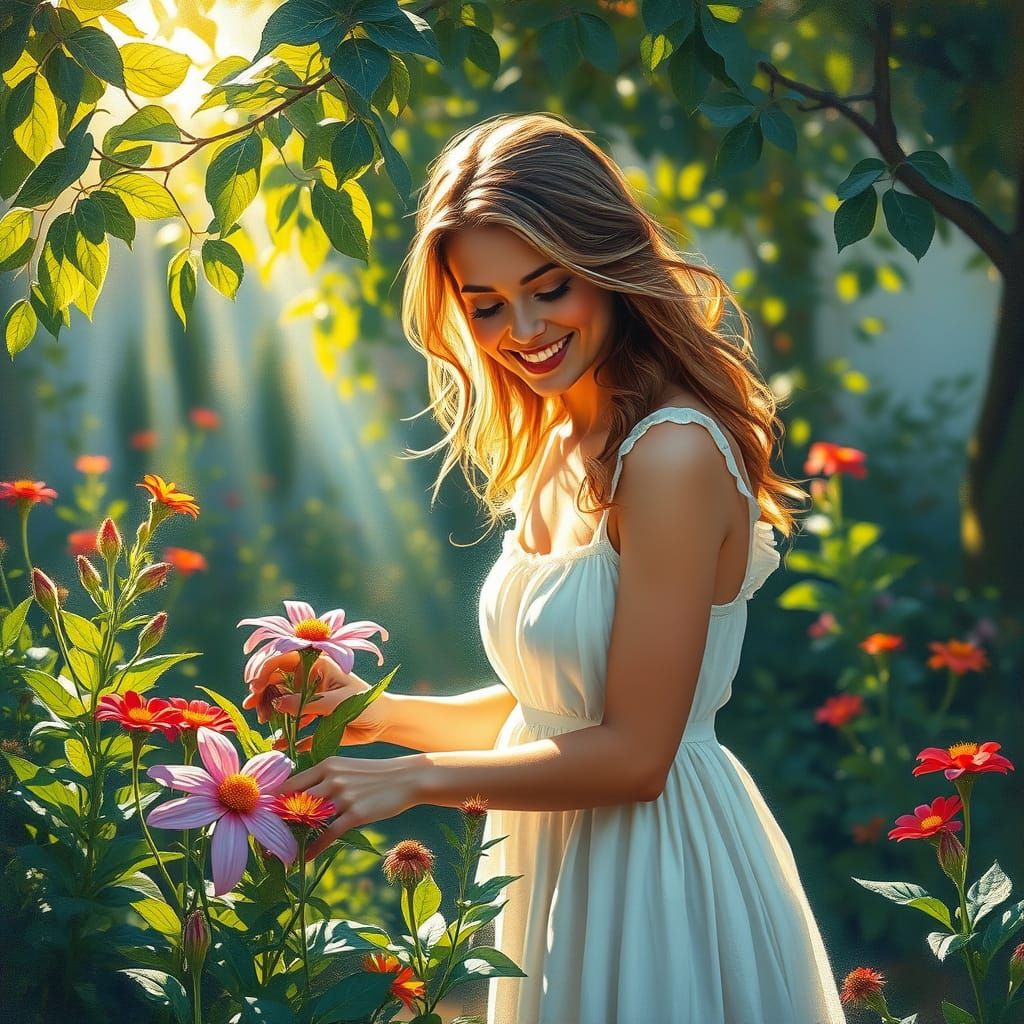 Woman Tending Flowers in Sunlit Garden - Impressionistic Oil...