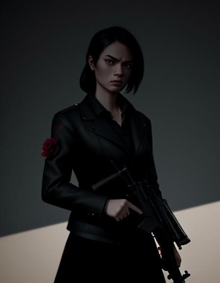 Dramatic Film Still of Girl with Rose and Gun