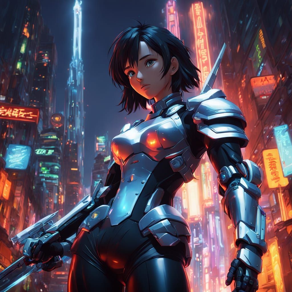 Cyberpunk Heroine in Neon-Lit Metropolis