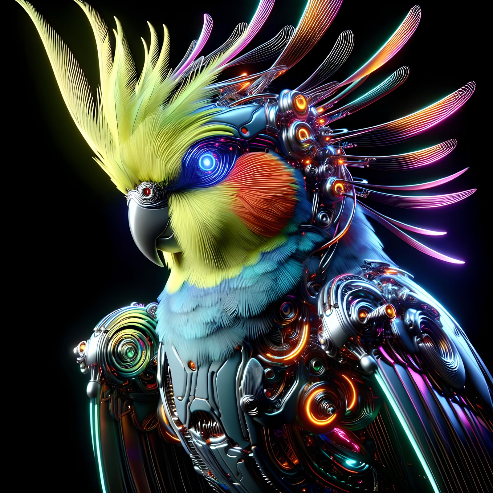 Neon Cyborg Cockatiel: Hyper-Detailed Mechanical Marvel