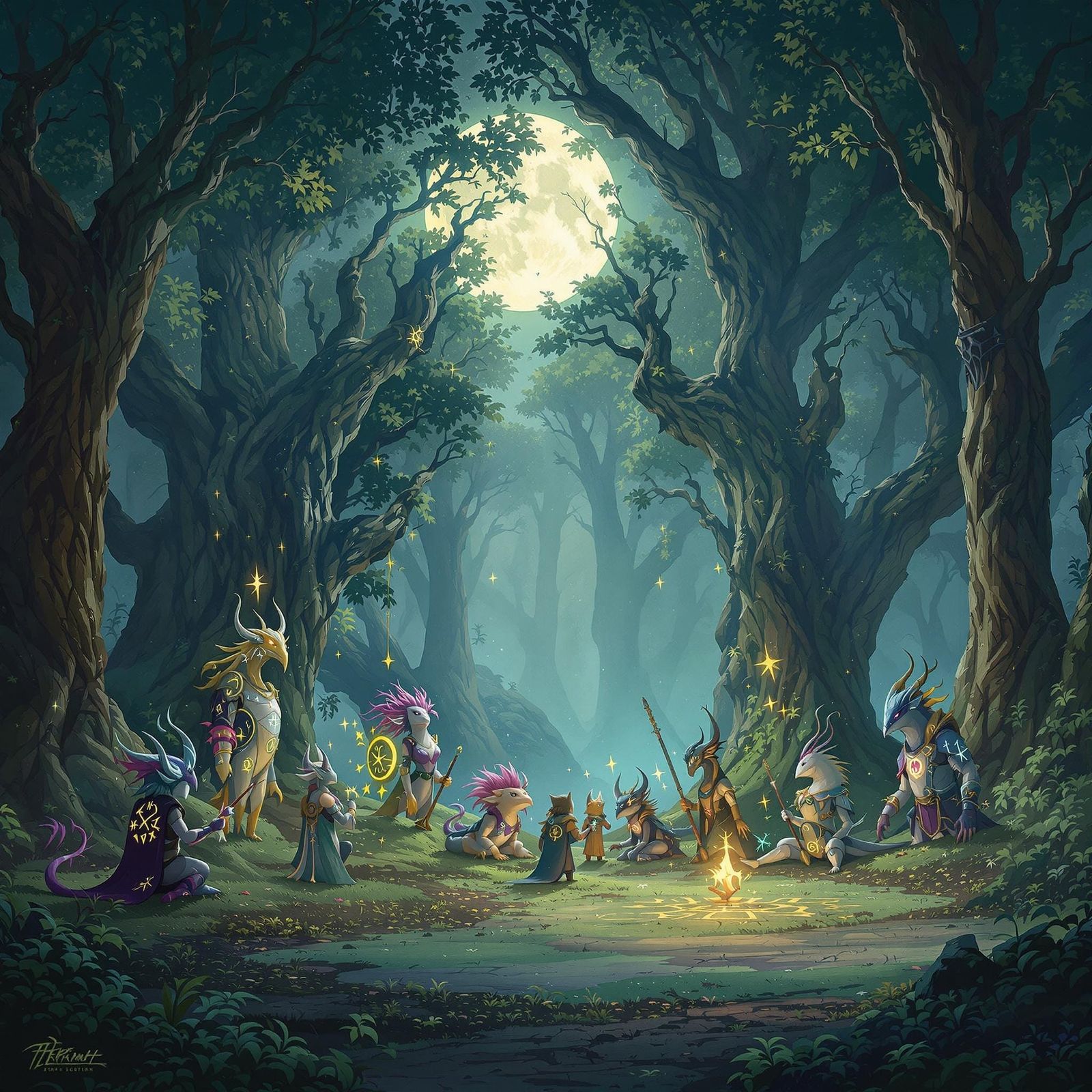 Fantasy Creatures Gather in Moonlit Forest Clearing