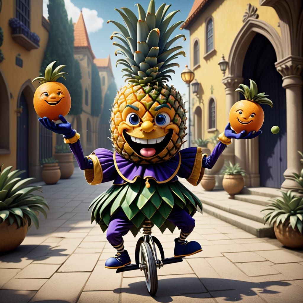 A pineapple in a court jester’s outfit, juggling tiny orange...