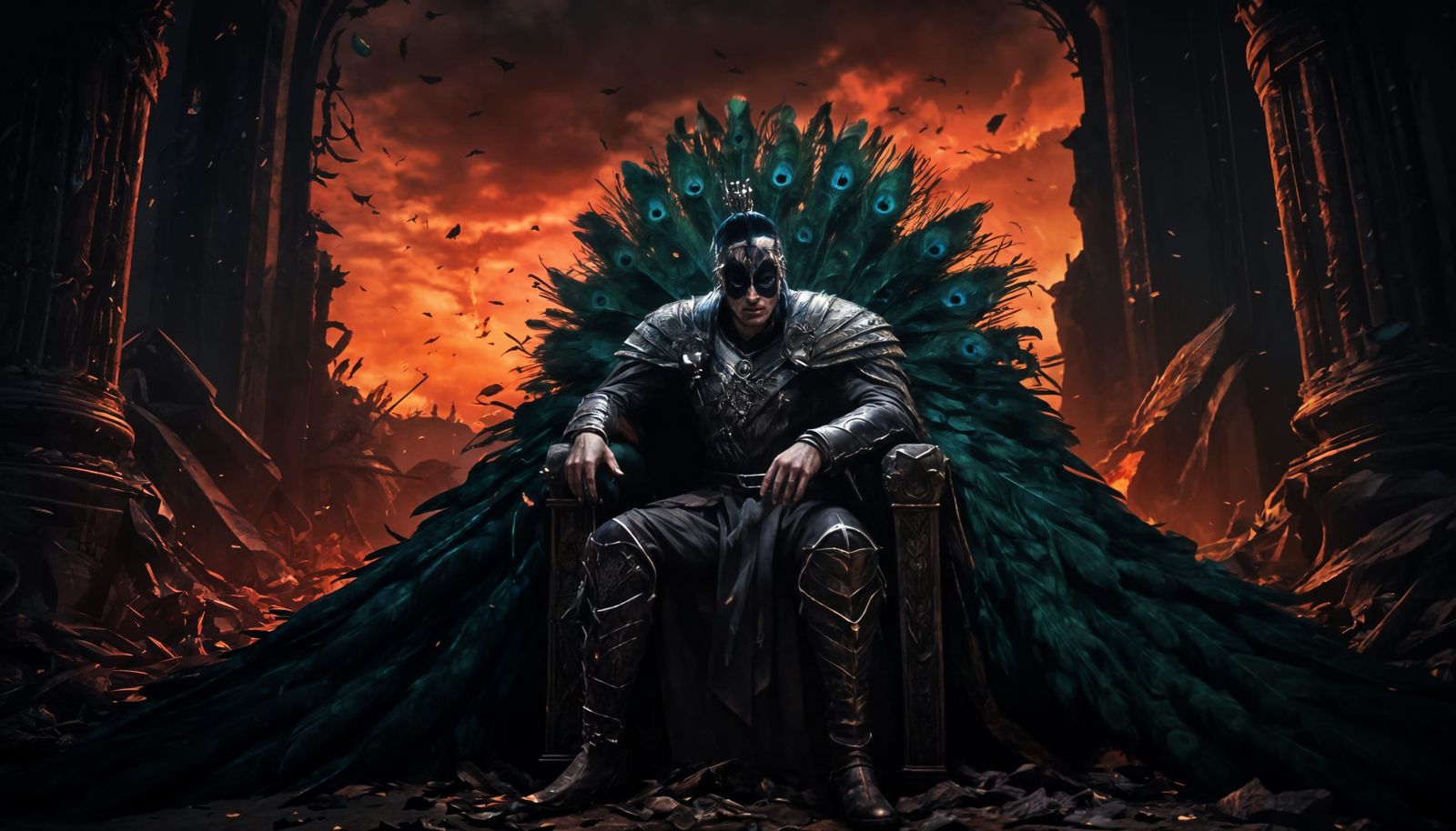 Grimdark King Sits on Peacock Throne in Desolate Fantasy Lan...
