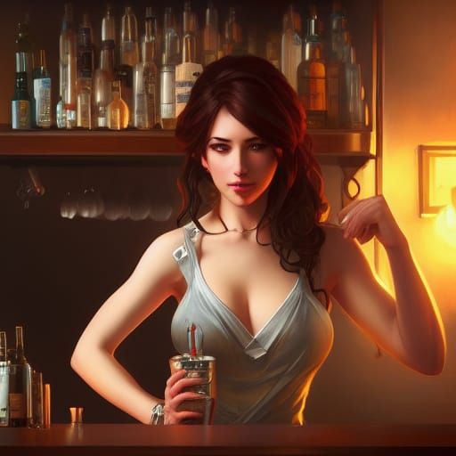 Seductive Bartender Portrait in Hyperdetailed Digital Art