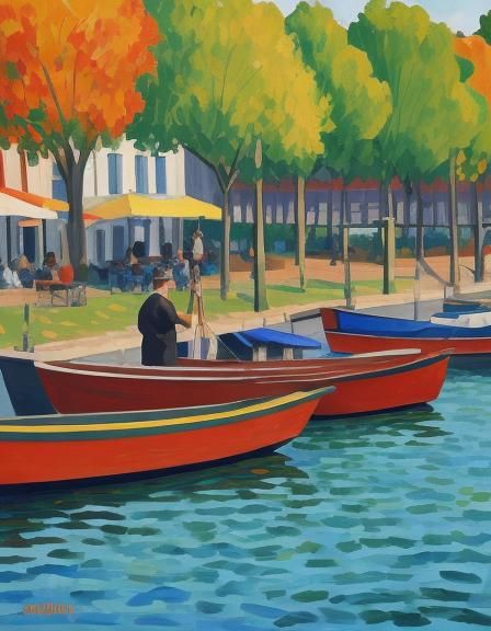 Fauvism Painting: Lakeside Park Scene in Vivid Colors