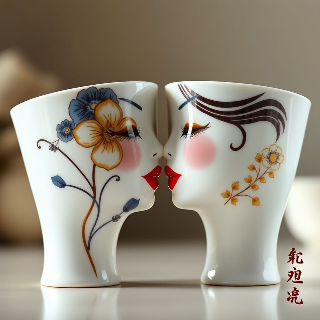 Kintsugi Cups Personified as Lovers in Tender Kiss
