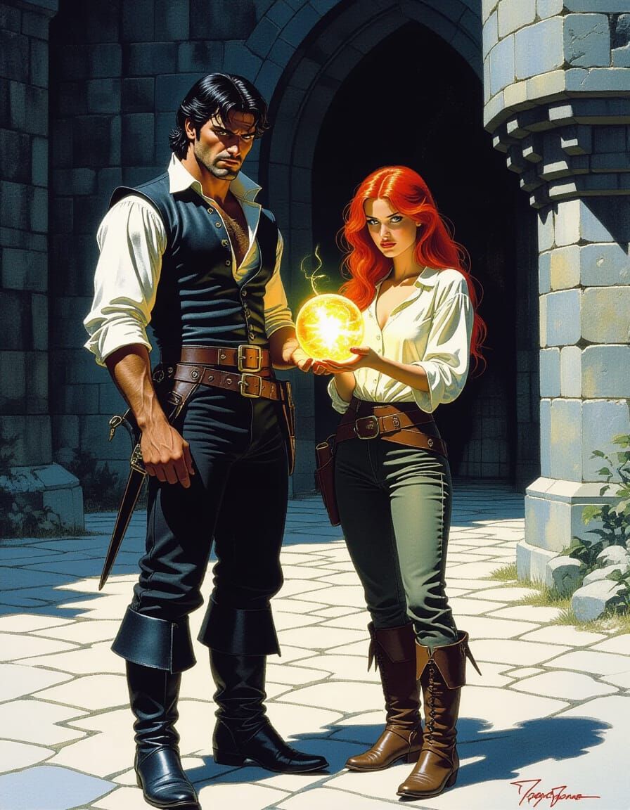 Fantasy Duel in Castle Courtyard, Watercolor Style