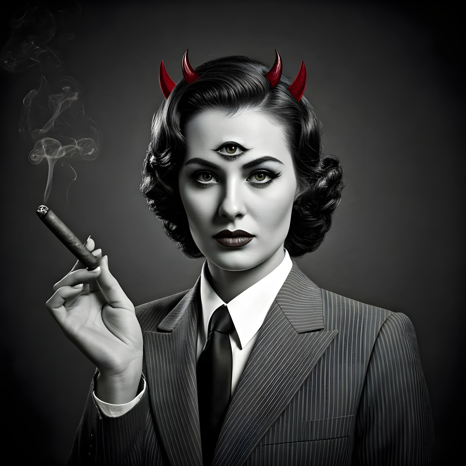 Vintage Woman in Black and White, Wearing a Suit and Smoking...