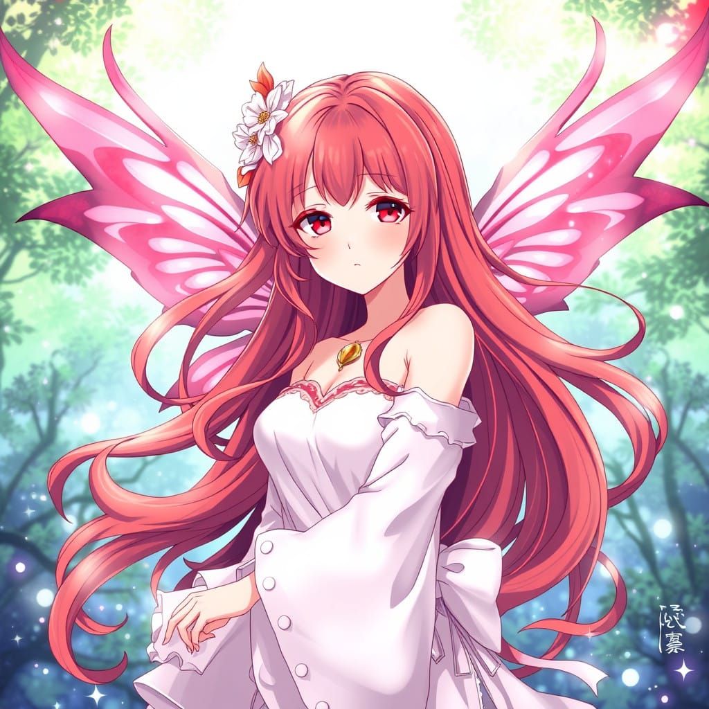 Beautiful Red-Haired Fairy Women in Japanese Anime Style