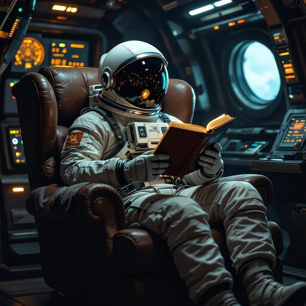 Astronaut Reads Book in Spaceship: Matte Painting