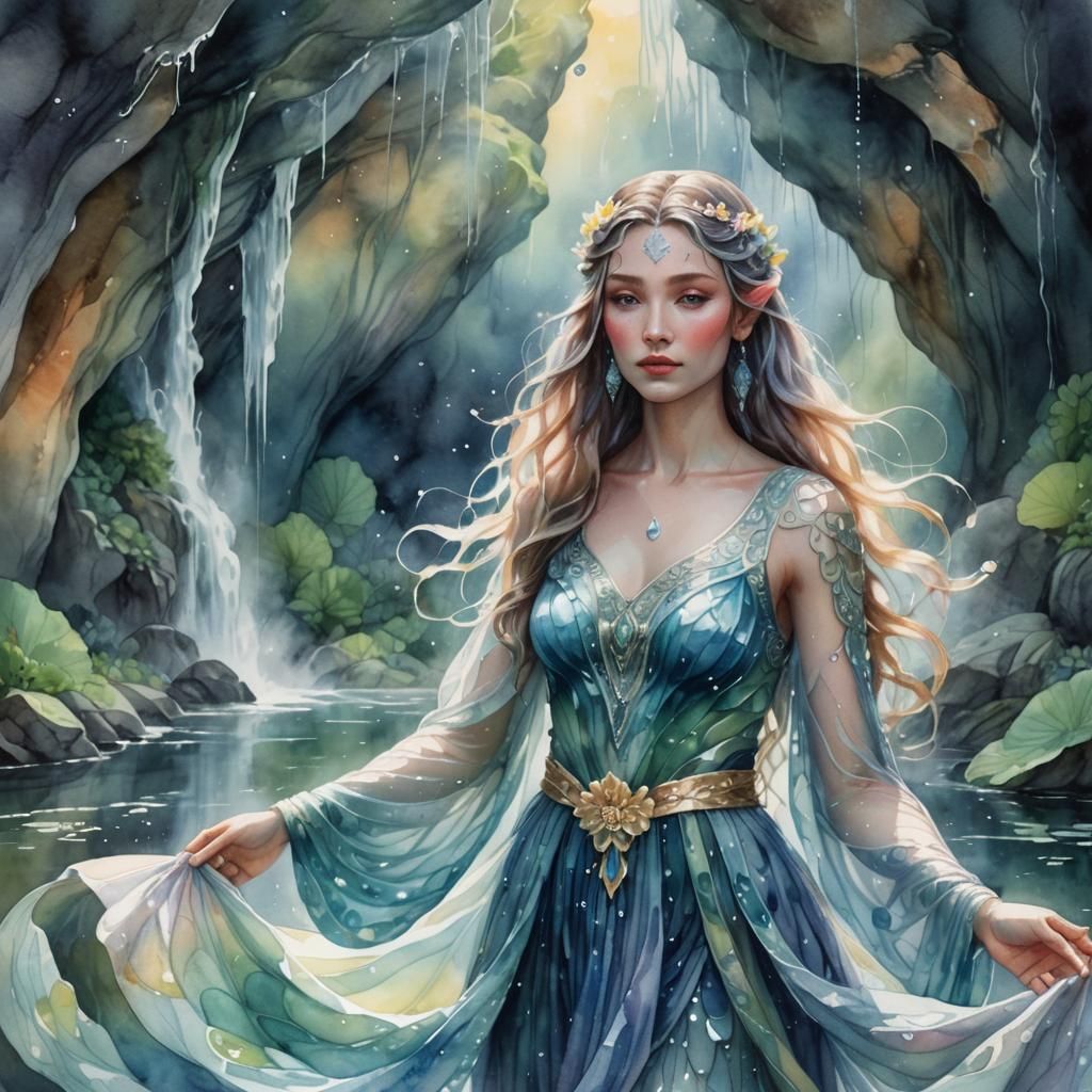 Water Goddess in Waterfall Cave: Watercolor Fantasy Art
