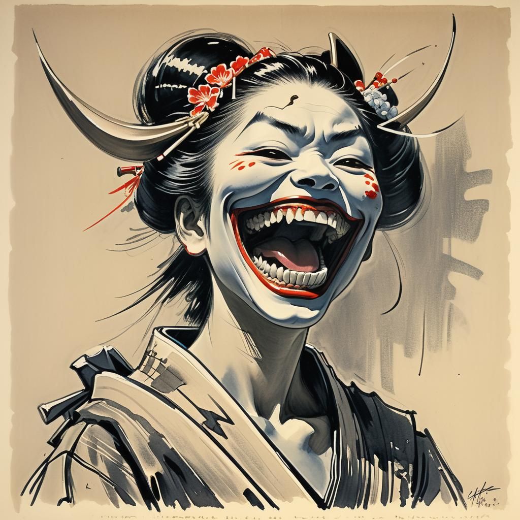 Geisha with Sharp Teeth, Grotesque Chalk Drawing