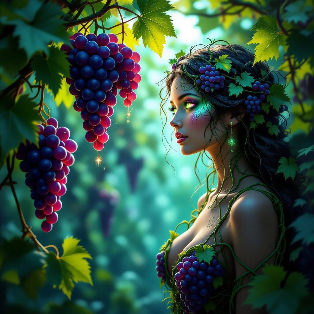 Enchanted Woman Gazes at Luminescent Grapes in Magic Forest