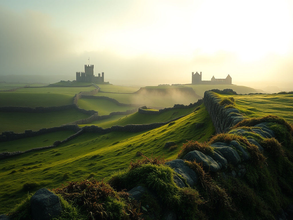 Misty Irish Landscape at Dawn in Photorealistic Style