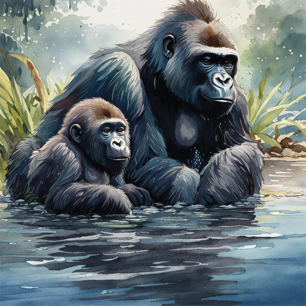 Gorillas bathing in Lake Kivu