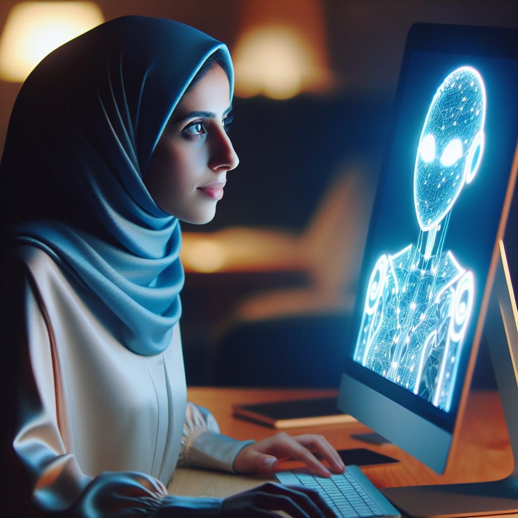 Woman Studies Her AI Chatbot on Glowing Screen