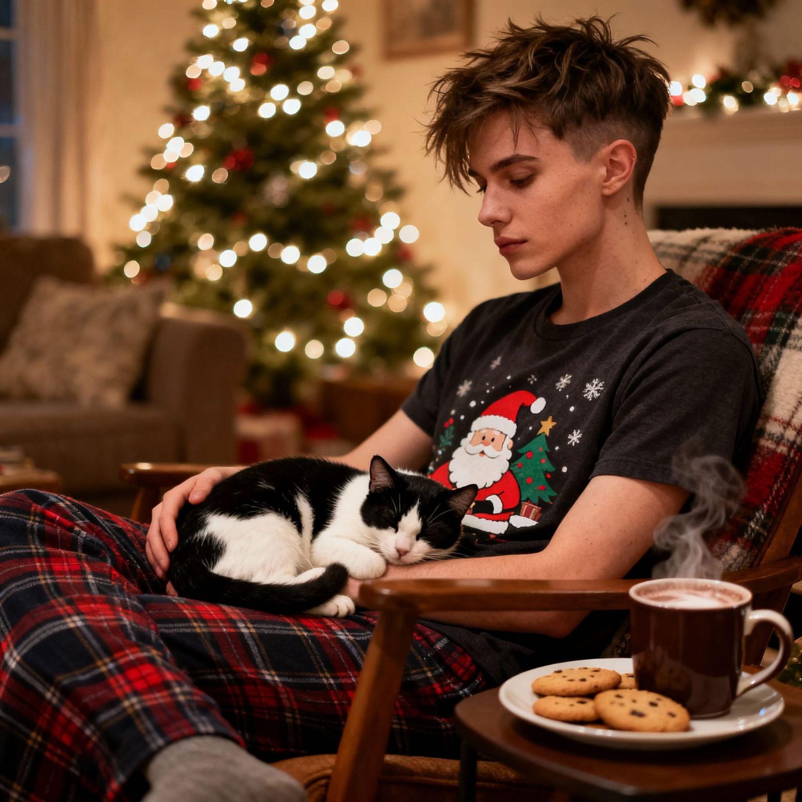 Cozy Christmas Living Room with Cat and Person