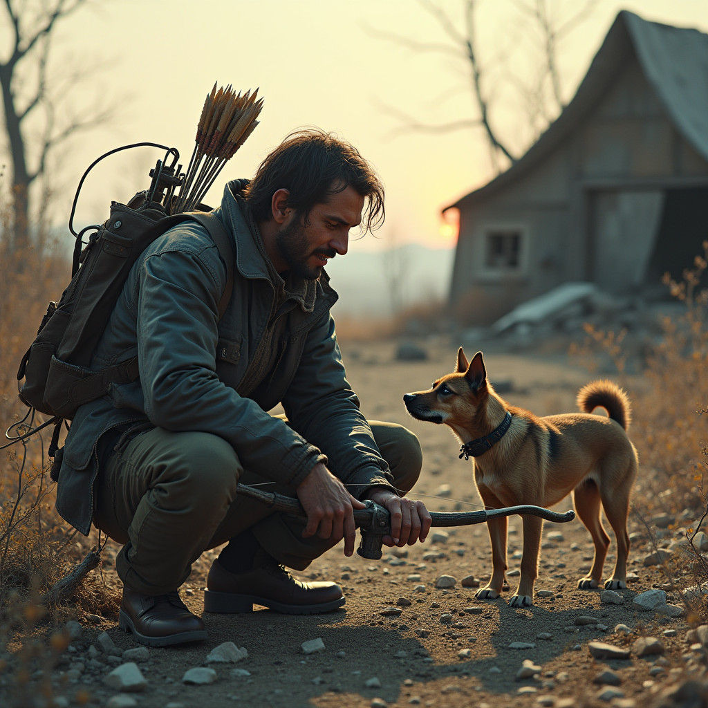 Post-Nuclear Survivor with Dog in Ruined Landscape