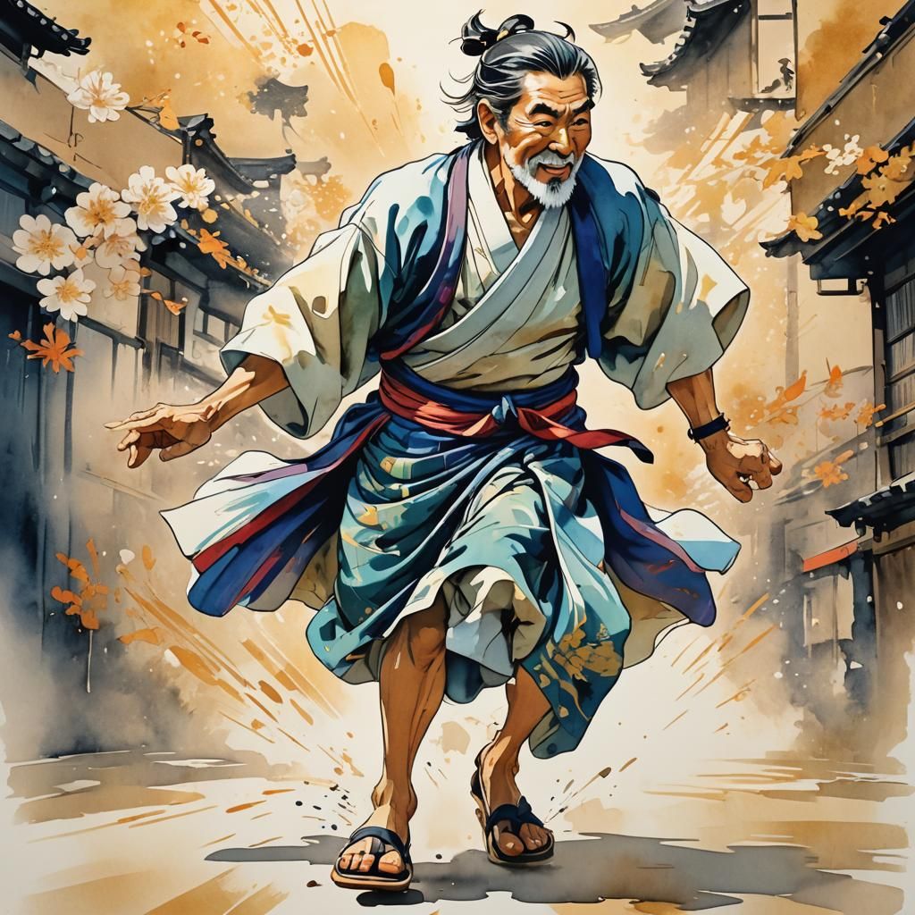 Joyful Japanese Father Sprinting in Anime Style