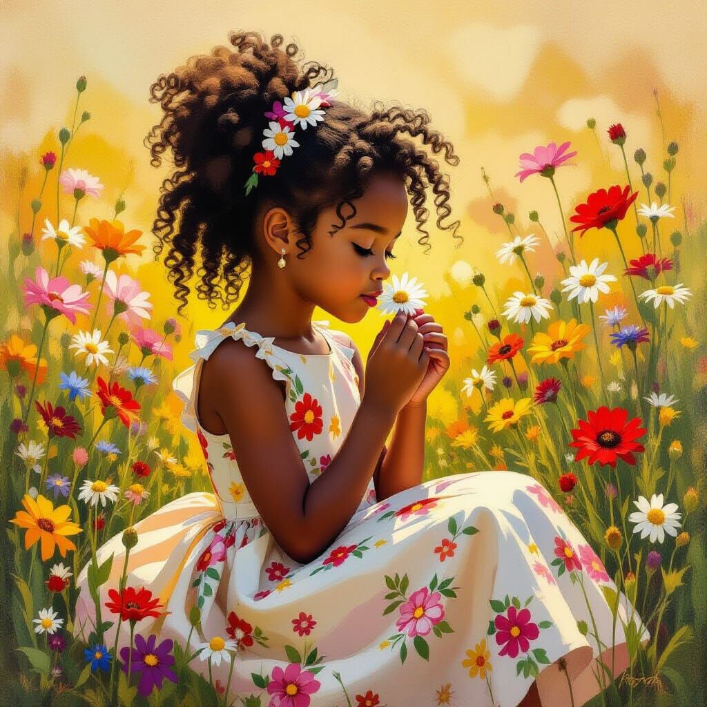 Girl with Daisy in Flower Field: Impressionist Style