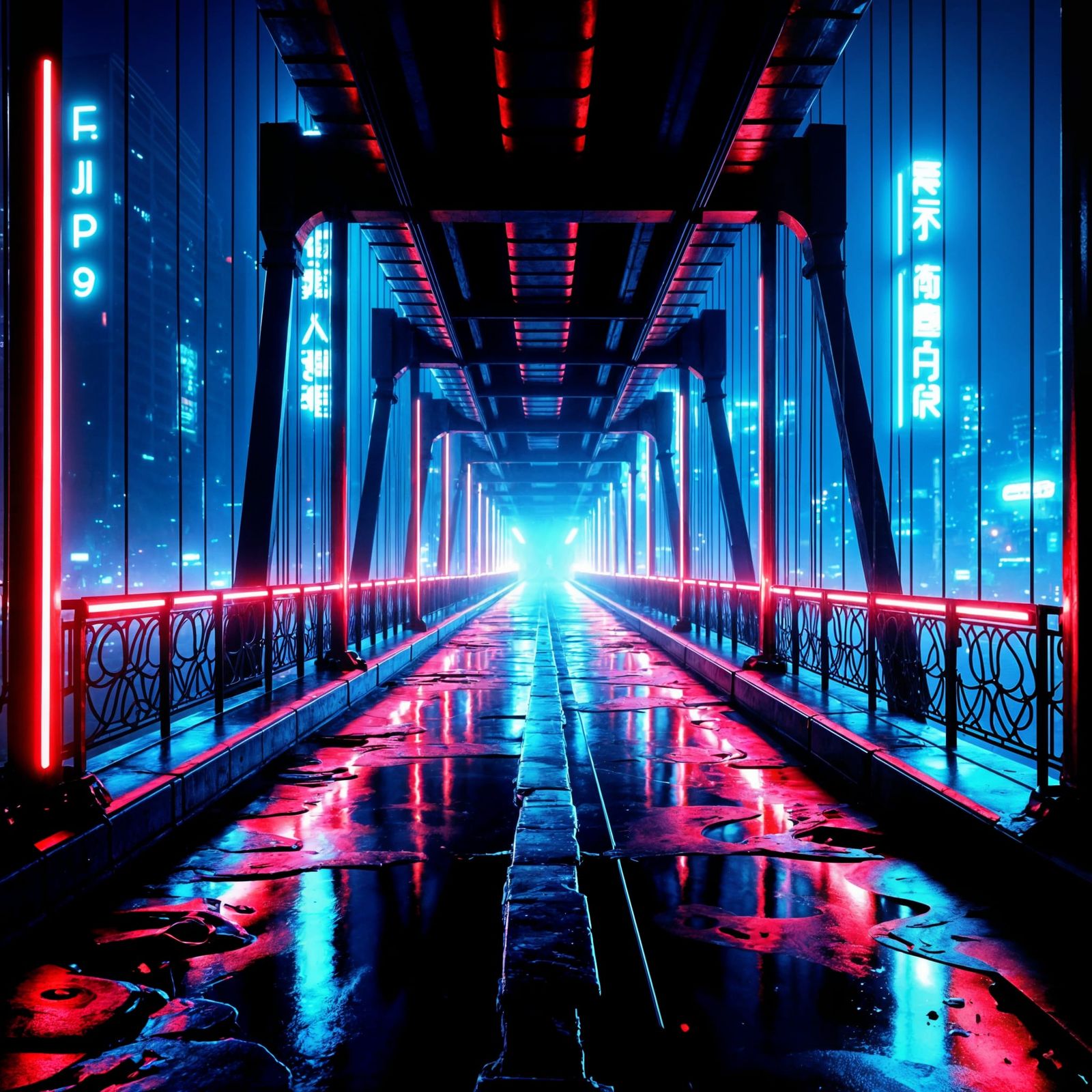 Cyberpunk City Bridge in Heavy Rain