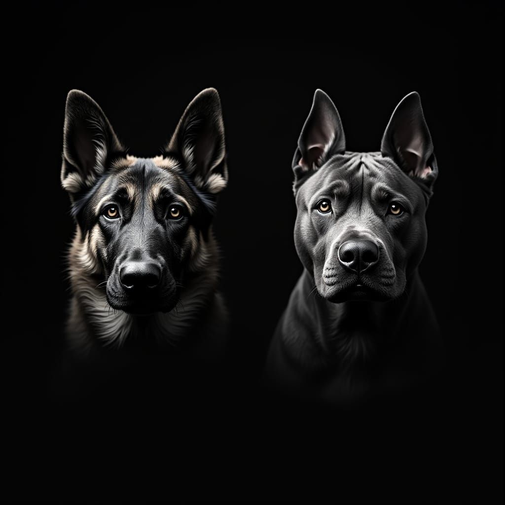 German Shepherd and Pit Bull Portrait in High Contrast Black...