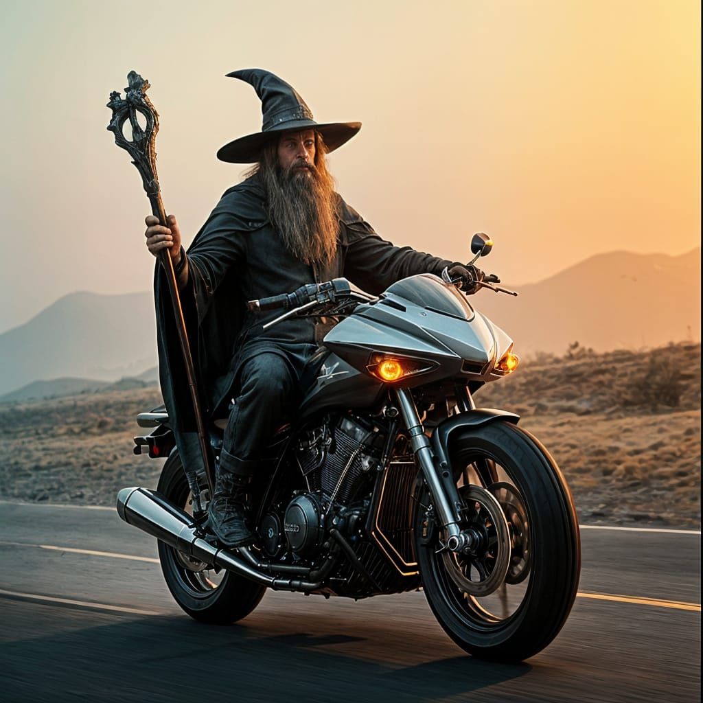 Epic Wizard Rides Futuristic Motorcycle in Cinematic Film St...