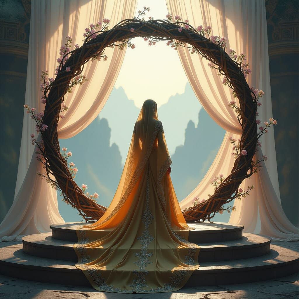 A veiled figure in a flowing golden gown stands atop circula...