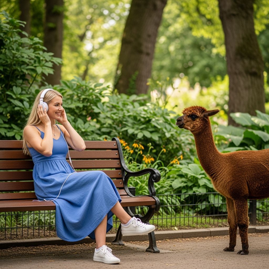 Woman on Bench with Alpaca Staring