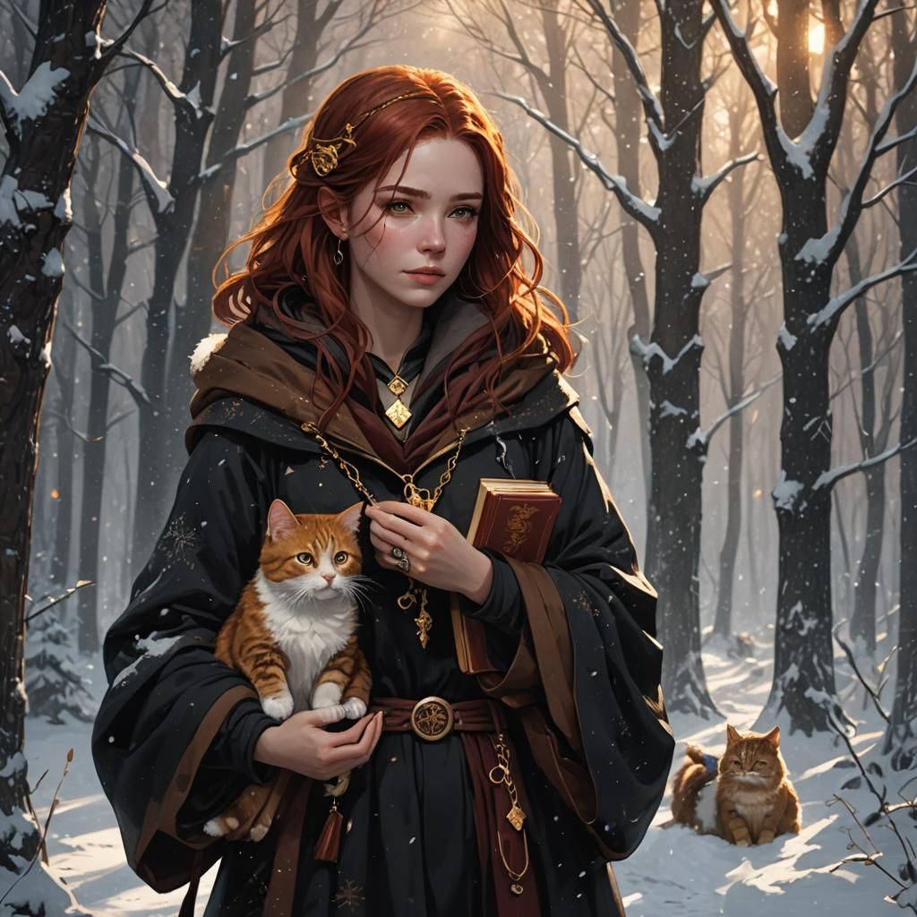 Dark Fantasy Girl with Cat in Snowy Forest