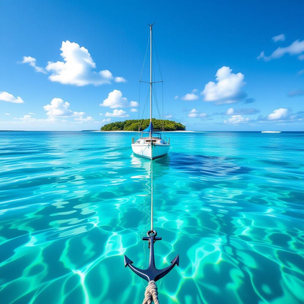 Lonely Sailboat Approaches Island on Clear Ocean