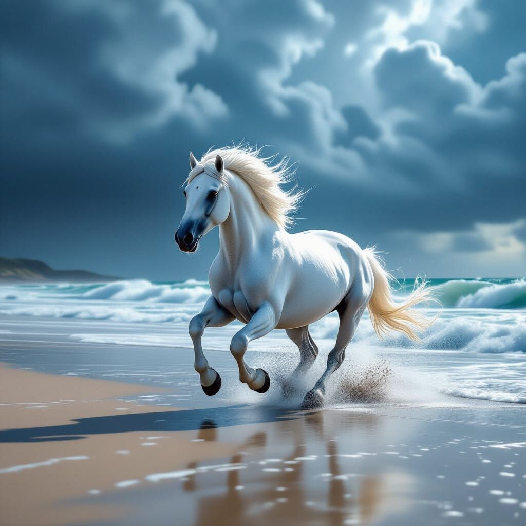 Majestic White Stallion Galloping on Stormy Beach