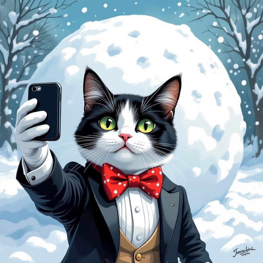 Tuxedo Cat's Snowy Selfie, Whimsical Style