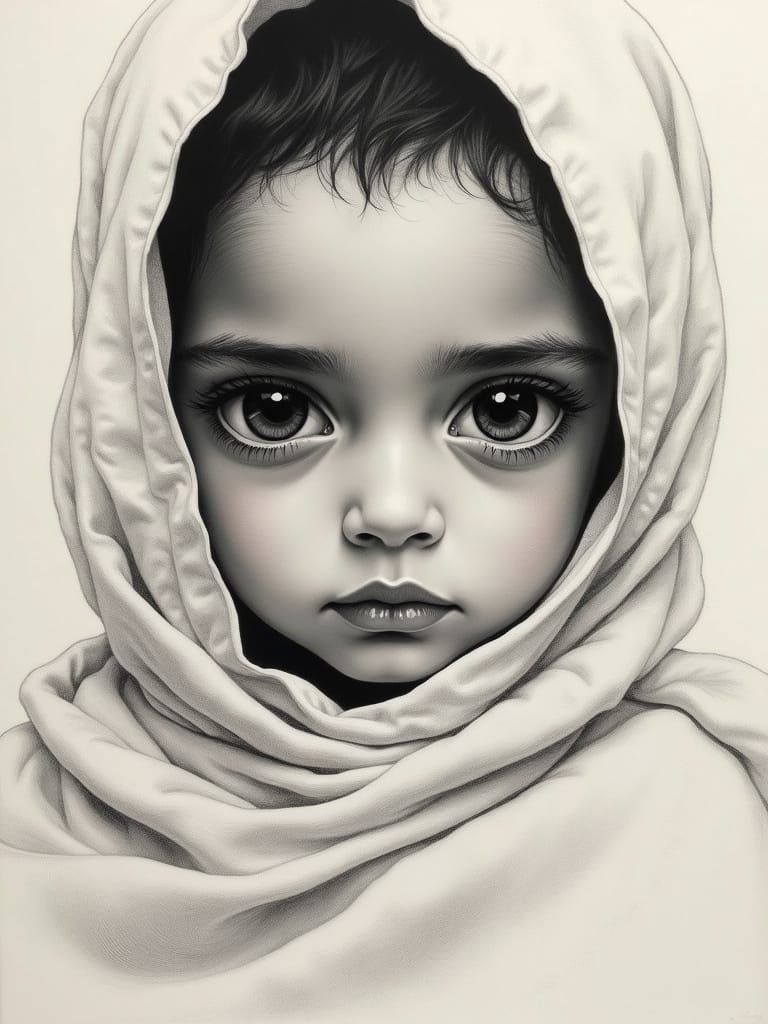 Charcoal Portrait of a Young Berber Nomad in Ethereal Desert...