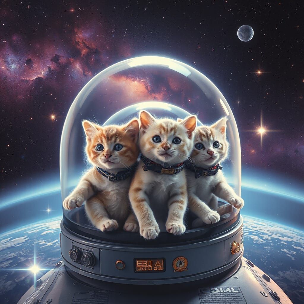 kittens  in a  spaceship , nebula in background