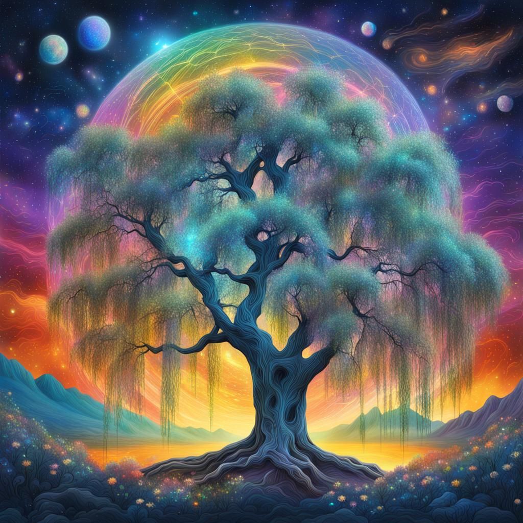 Cosmic Willow Tree: Holographic Astral Illustration