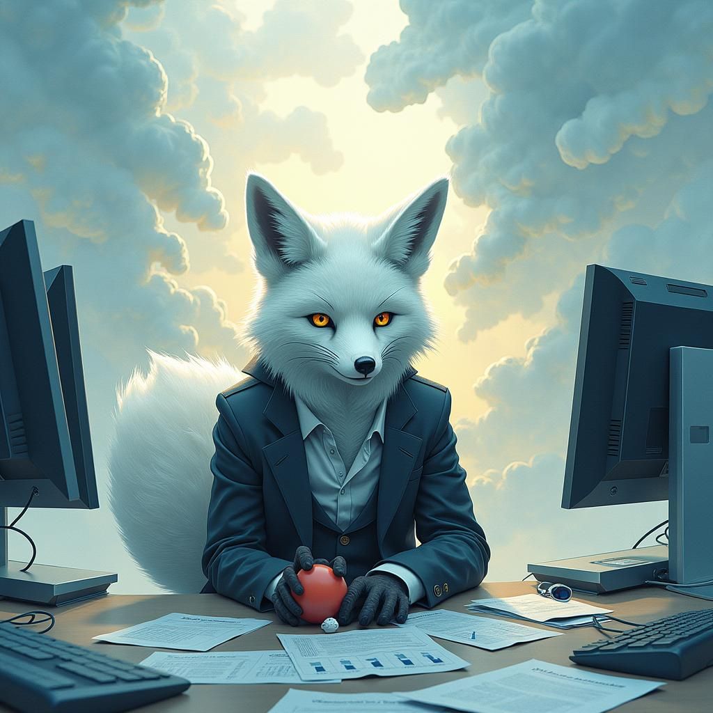 Stressed Arctic Fox in Minimalist Office, Abstract Art