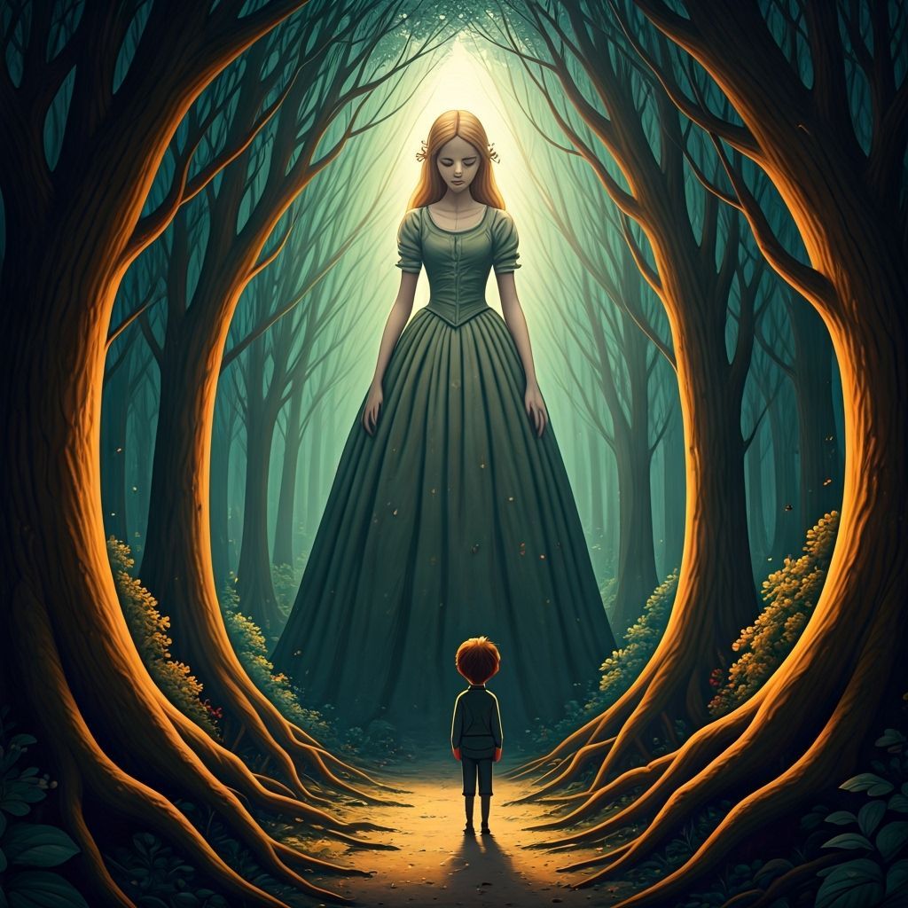 Whimsical Forest Scene: Tall Girl Looms Over Boy