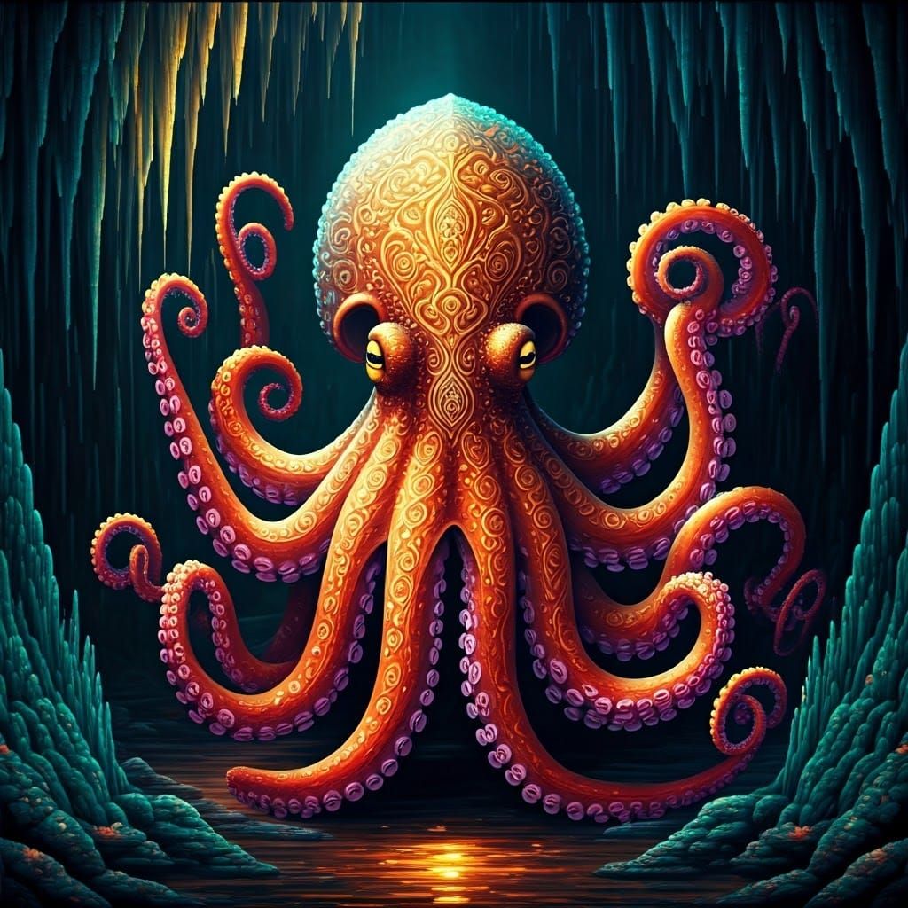 Pixelated Squid and Octopus in 8-bit Style