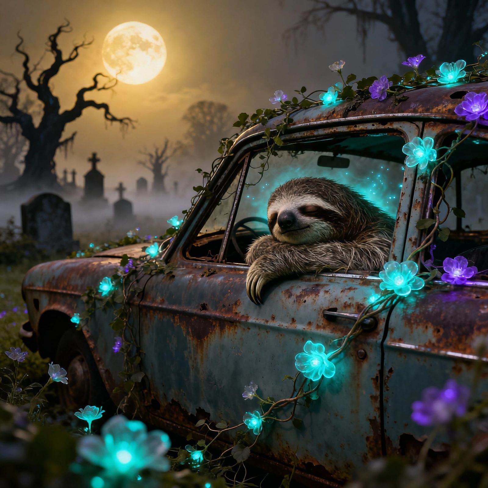 Hyper-Realistic Sloth Napping in Ancient Car with Glowing Fl...