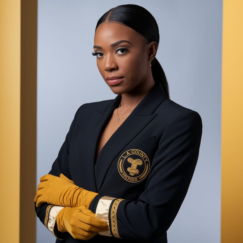 Professional Black Woman in Coroner Insignia Blazer