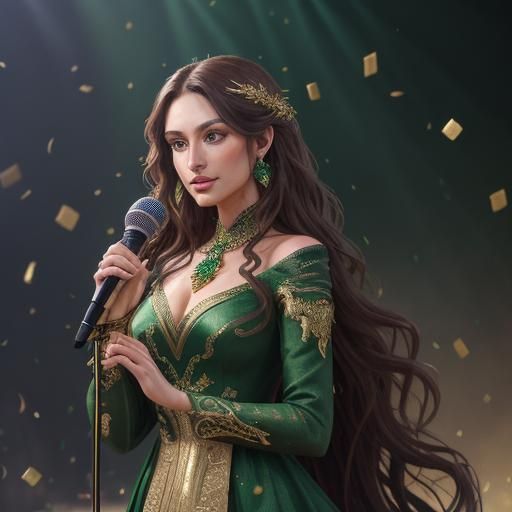 Extremely beautiful, woman with long, wavy, brown hair, big,...