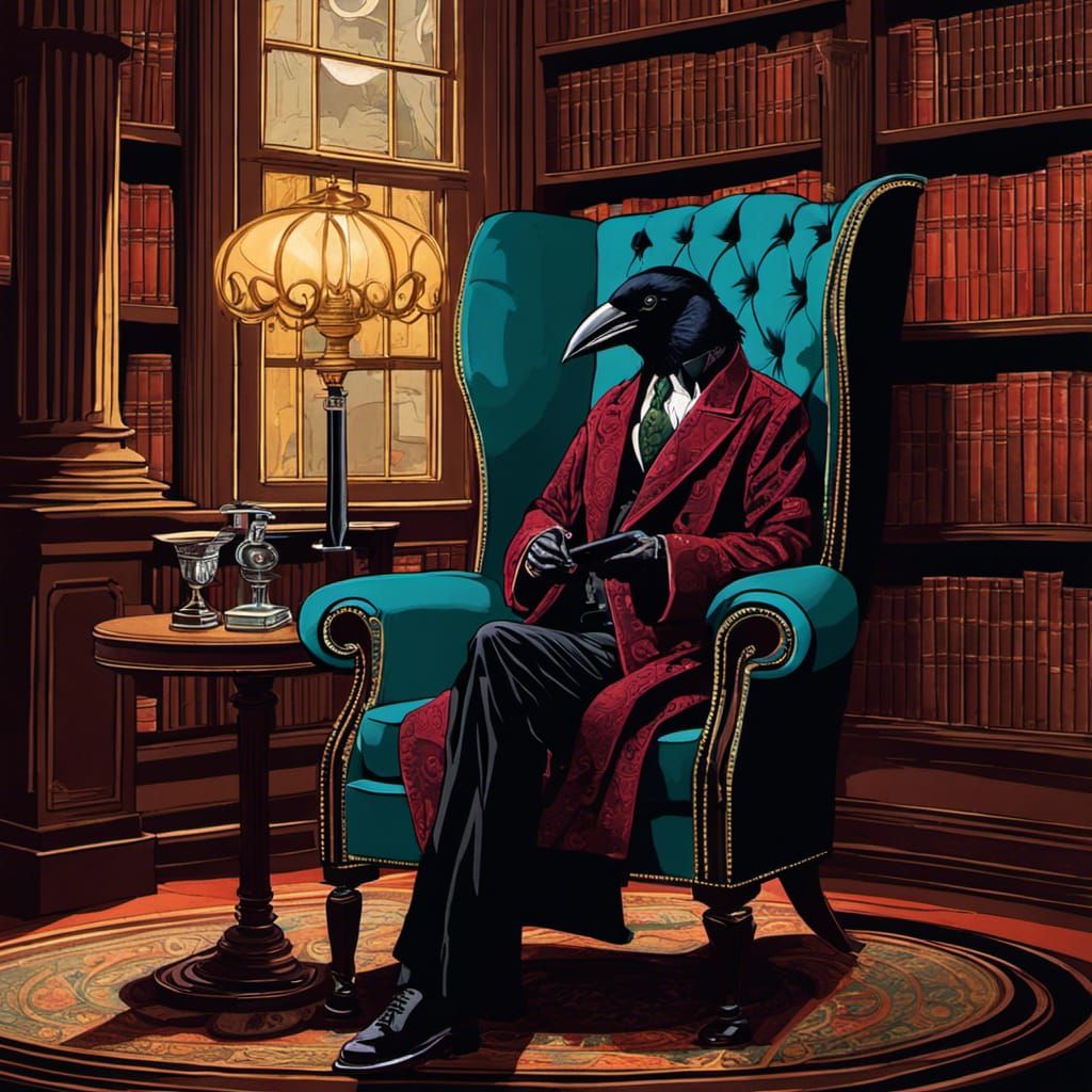 Crow Gentleman in Victorian Library, Art Deco Style