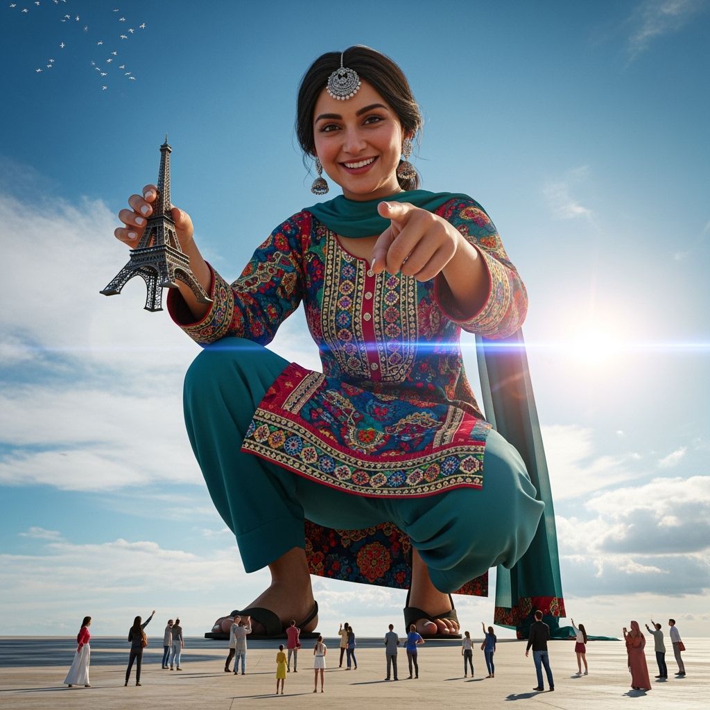 Giant Woman Playfully Holds Eiffel Tower: Cinematic Render