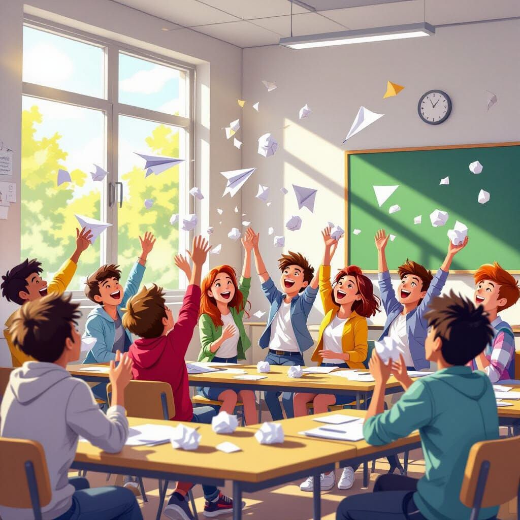Joyful Chaos in a Lively Classroom Scene