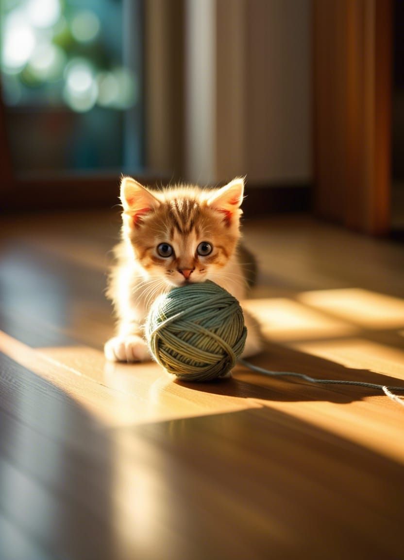 Cute Kitten with String in Sunlight: Photo-Realistic