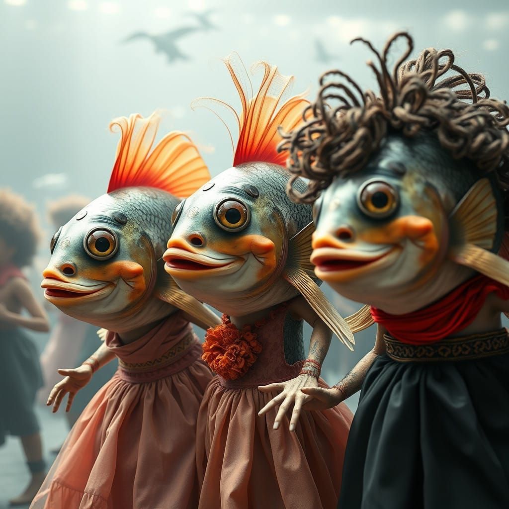 Surreal Underwater Scene with Smiling Fish in Punk-Inspired...