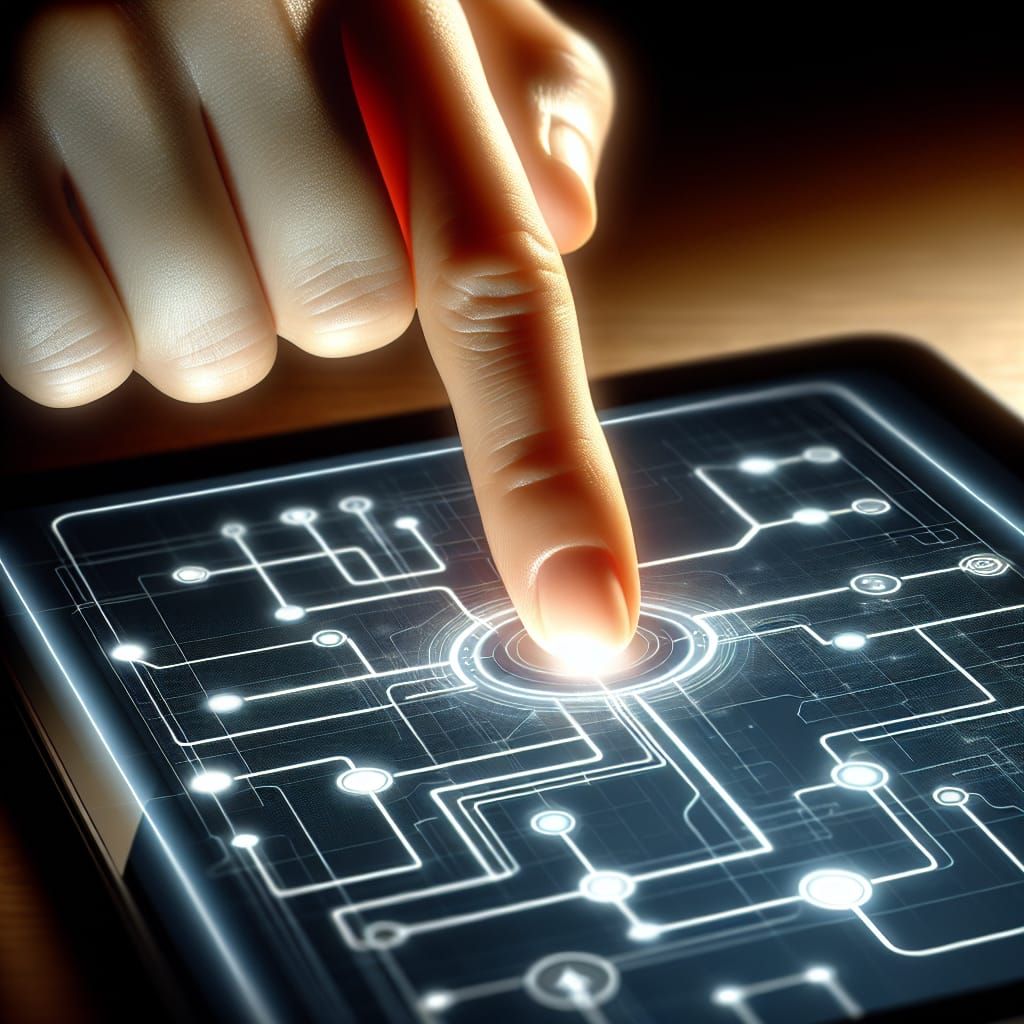 Finger Presses Glowing Button on Flowchart Tablet